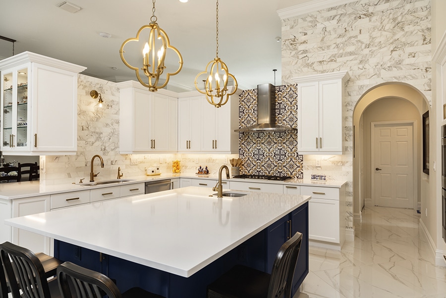 Quartz countertops installed in elegant kitchen.