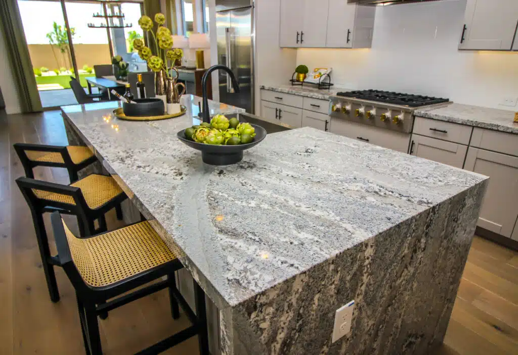 Granite countertop kitchen island.