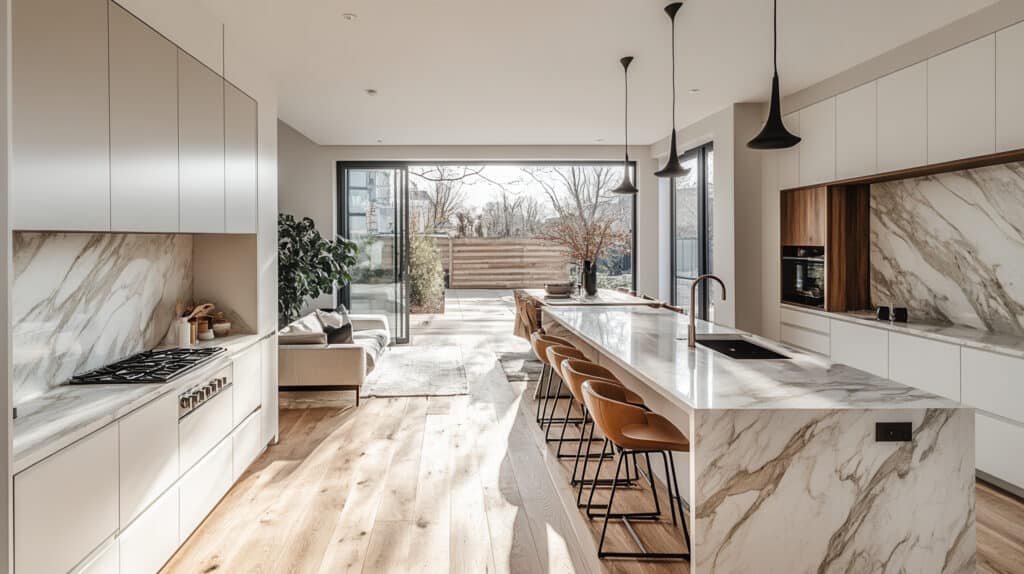 Sleek contemporary kitchen with minimal design, quartzite countertops, light wood floor, marble details, white-gray palette