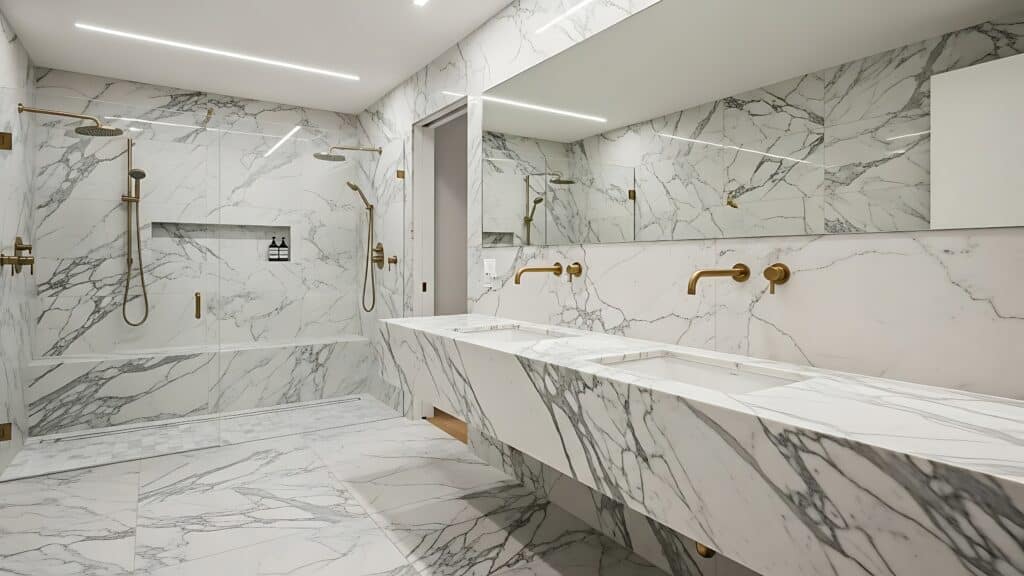 A spacious and elegant modern bathroom featuring floor-to-ceiling marble walls, a double sink vanity, and a walk-in shower.