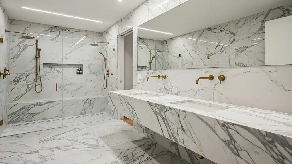 A spacious and elegant modern bathroom featuring floor-to-ceiling marble walls, a double sink vanity, and a walk-in shower.