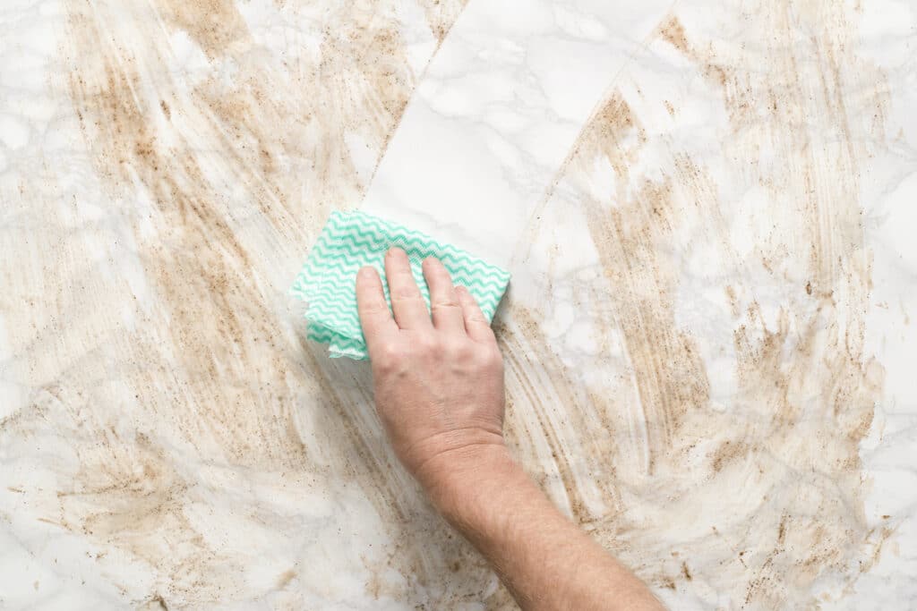 Easily wiping away stained countertops.