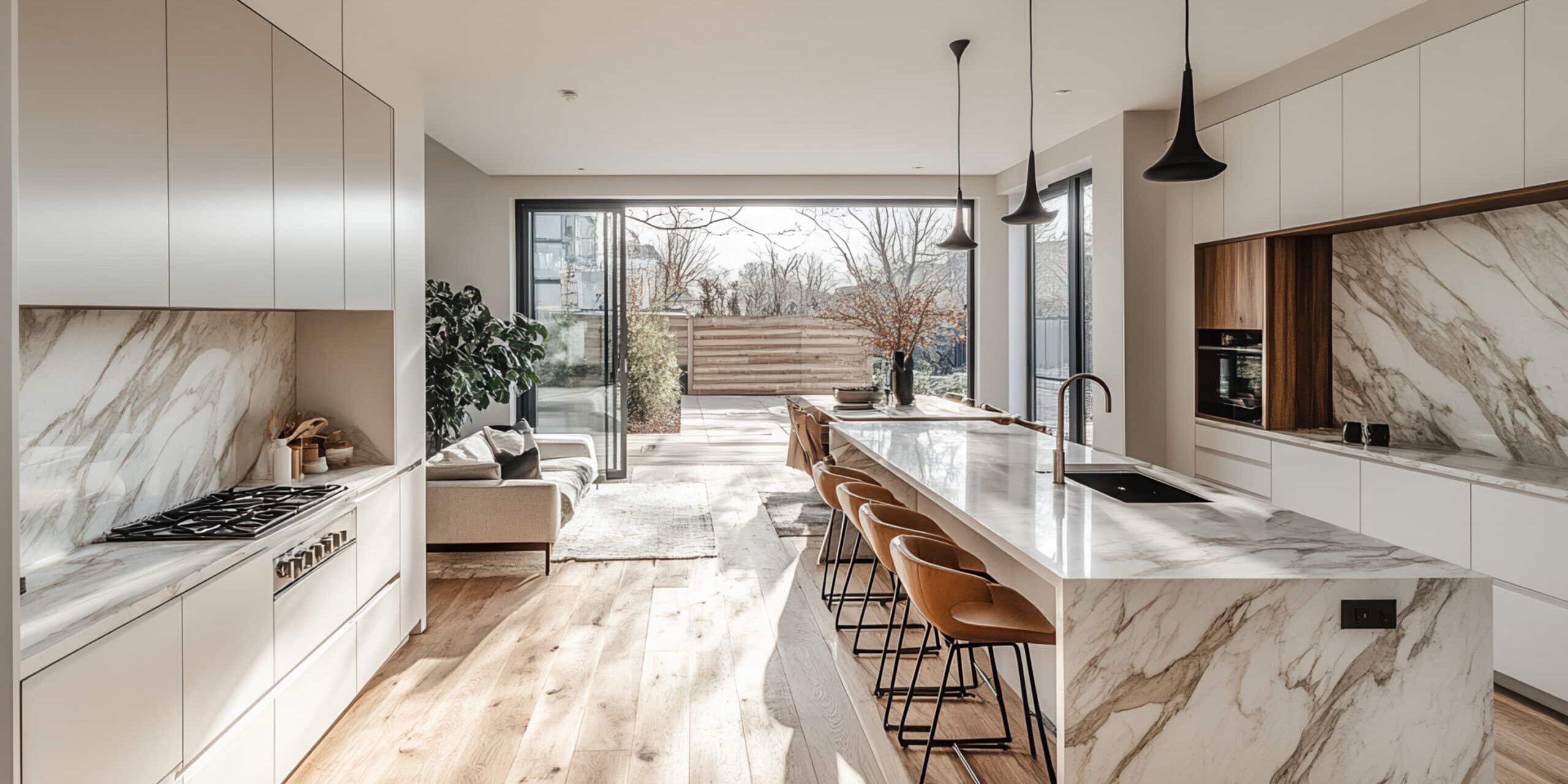 Sleek contemporary kitchen with minimal design, quartzite countertops, light wood floor, marble details, white-gray palette
