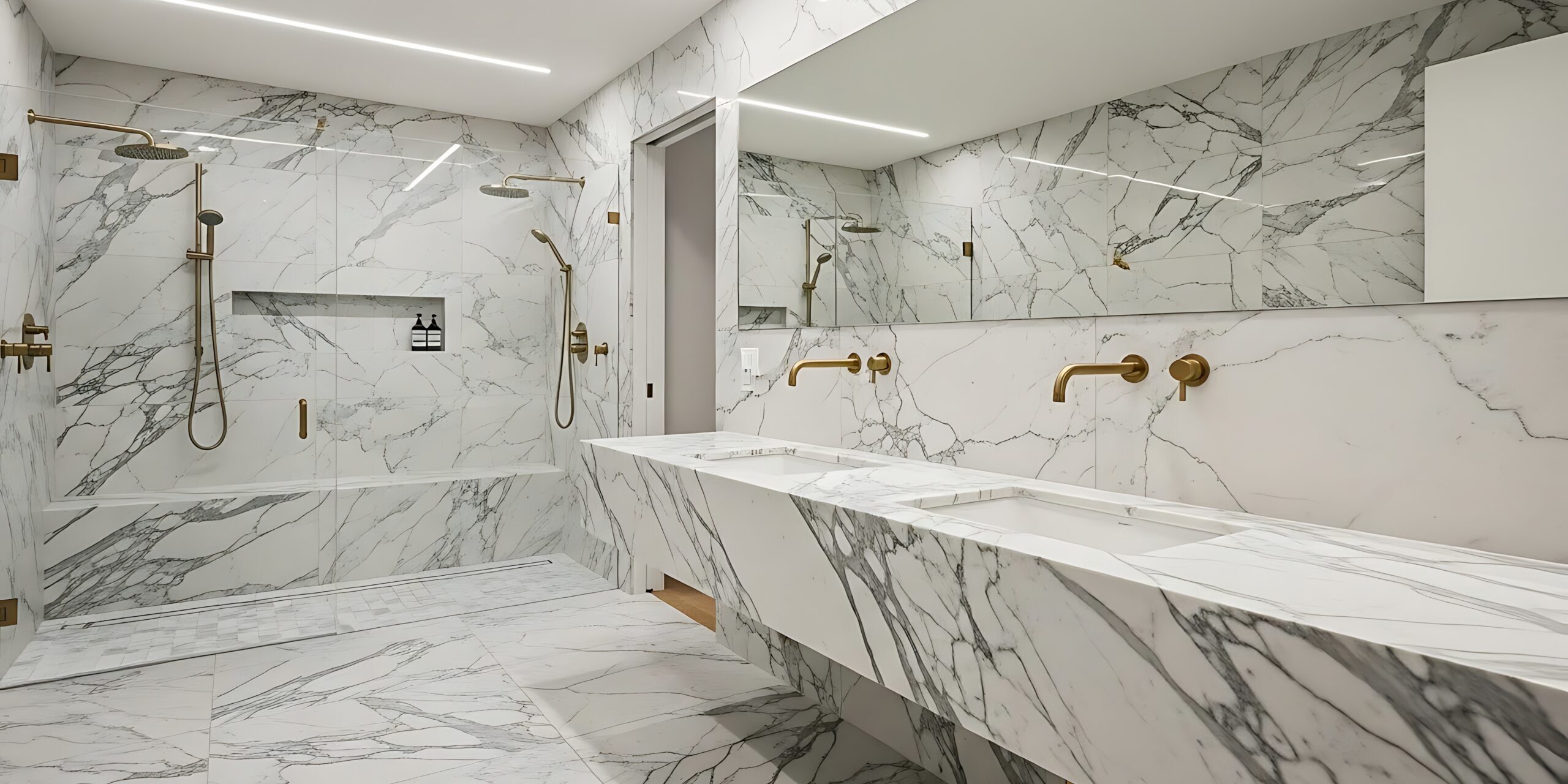 A spacious and elegant modern bathroom featuring floor-to-ceiling marble walls, a double sink vanity, and a walk-in shower.