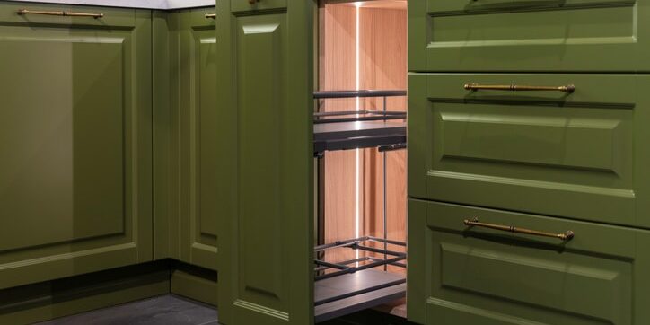 Open drawer in a green kitchen cabinet Open drawer in a green kitchen cabinet