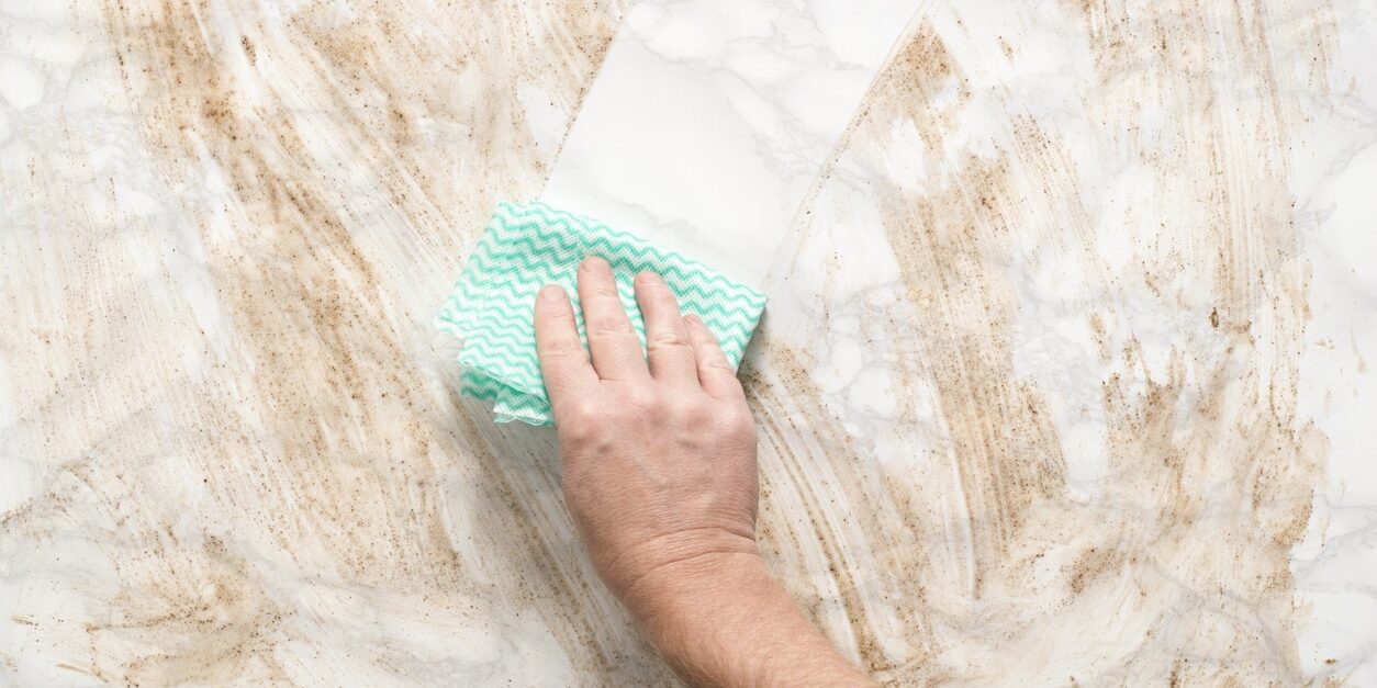Hand wiping clean a dirty marble surface with a paper towel