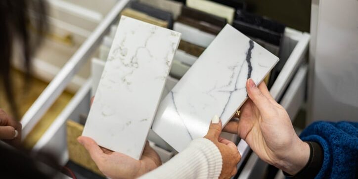 Closeup hands creative female interior designer and customer choosing marble stone color for kitchen or facades. Top view woman client consulting to decorator choice home improvement materials
